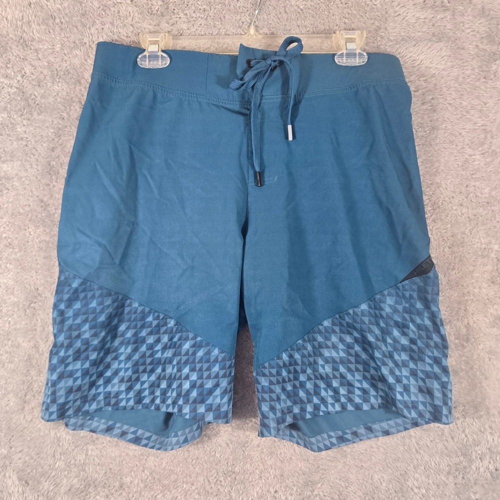 Hylete Mens Medium Above Knee Training Shorts Teal Blue Geometric Pattern